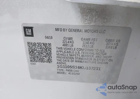 2019 Chevrolet Impala Premier from USA, damaged, VIN 1G1105S34KU137231